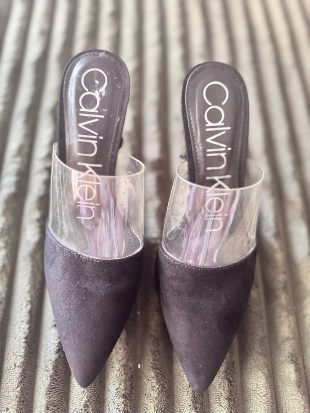 Calvin Klein Black Pointed Suede Mules with Clear Band 5.5